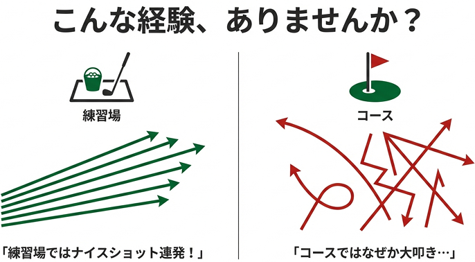 練習場ではナイスショット連発だが、コースに出るとなぜか大叩きしてしまうゴルファーの比較図