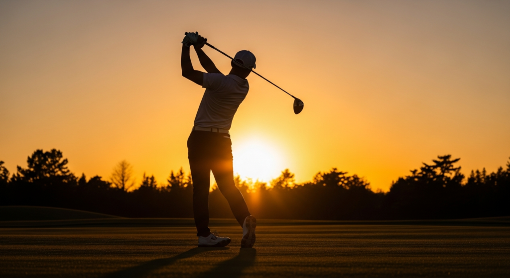 夕焼けを背に、ゴルフのスイングをするゴルファーのシルエット。