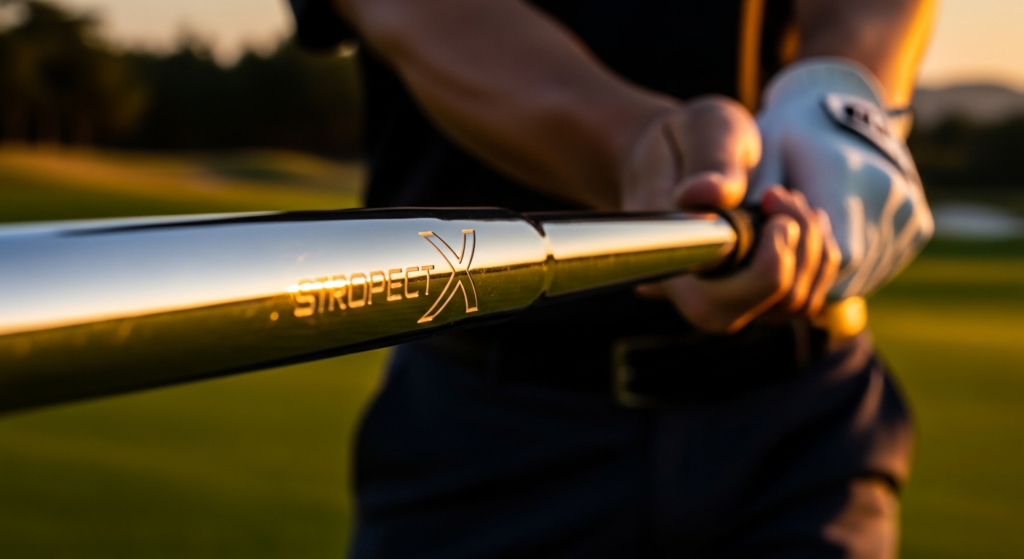 「STROPECT X」のロゴが刻まれ夕日に反射して輝くスポーツ用の棒を、手袋をはめた手がゴルフコースを背景に握っている様子。