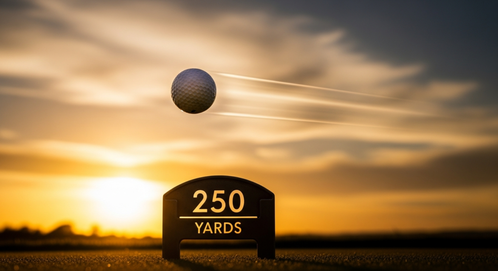 夕暮れの黄金色の空を背景に、250ヤードの距離表示のそばをゴルフボールが勢いよく飛んでいく様子。