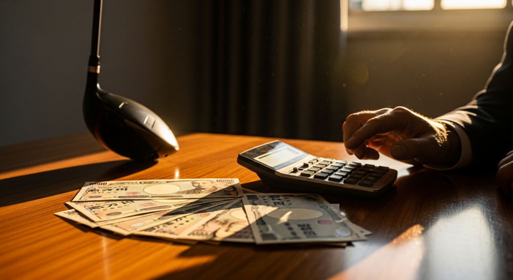 夕日が差し込む机の上にゴルフクラブのヘッド、日本円の紙幣、電卓が置かれ、スーツを着た手が電卓を操作している。