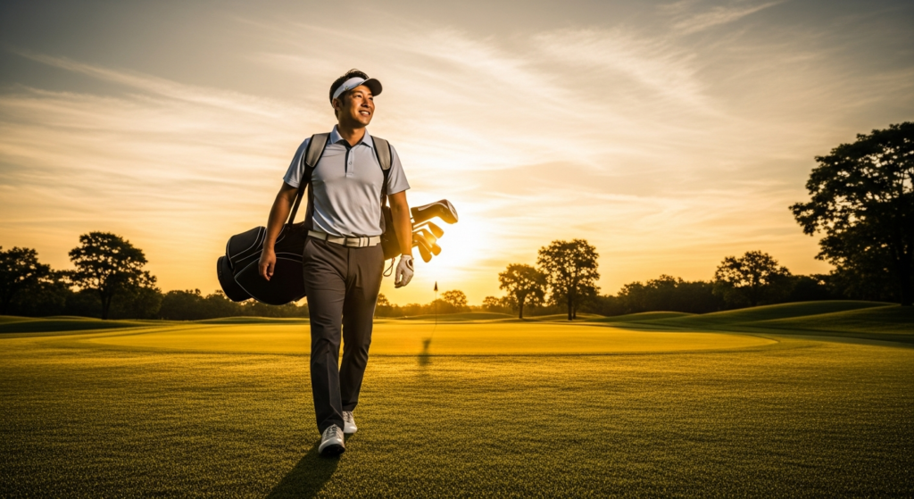 夕日に輝くゴルフコースを、笑顔の男性ゴルファーがゴルフバッグを肩にかけ歩いている。