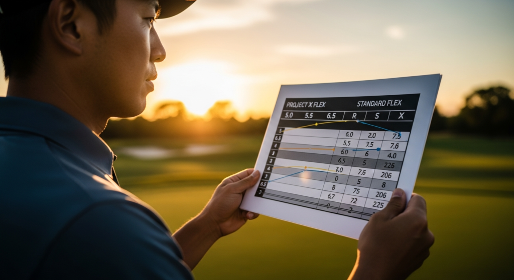 夕焼けを背に、ゴルフコースで男性がゴルフシャフトのフレックスに関するデータ表を確認している。