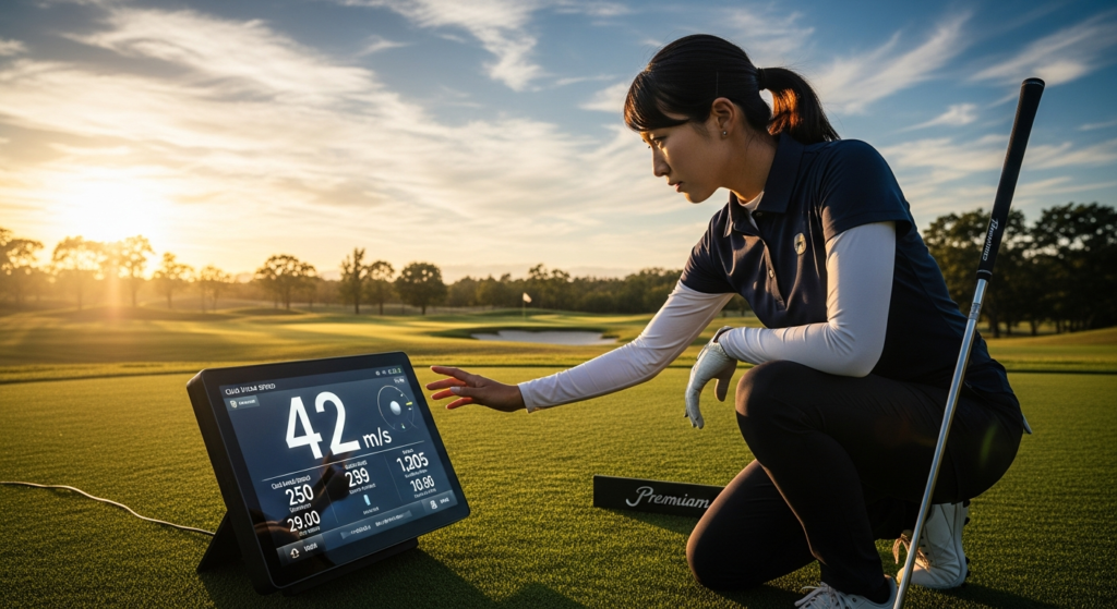 夕焼けのゴルフコースで、女性がしゃがんで、ゴルフのクラブスピードなどを表示するデジタル画面に手を伸ばしています。