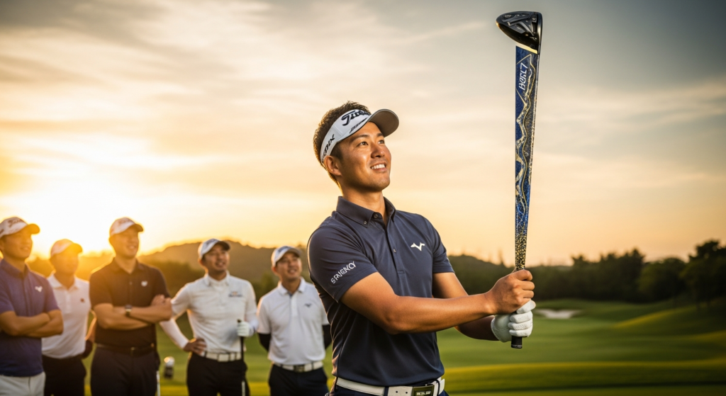 夕焼けのゴルフコースで、白いサンバイザーと紺色のポロシャツを着た笑顔の男性ゴルファーが、青と金色の模様が特徴的なゴルフドライバーを掲げ、後方には他のゴルファーたちがぼやけて写っている。