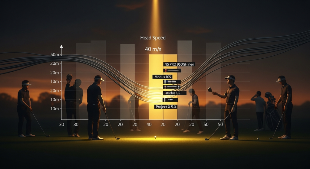 夕暮れのゴルフコースを背景に、ヘッドスピード40m/sにおける異なるゴルフシャフトの性能を比較するグラフと、そこに立つ複数のゴルファーが描かれています。