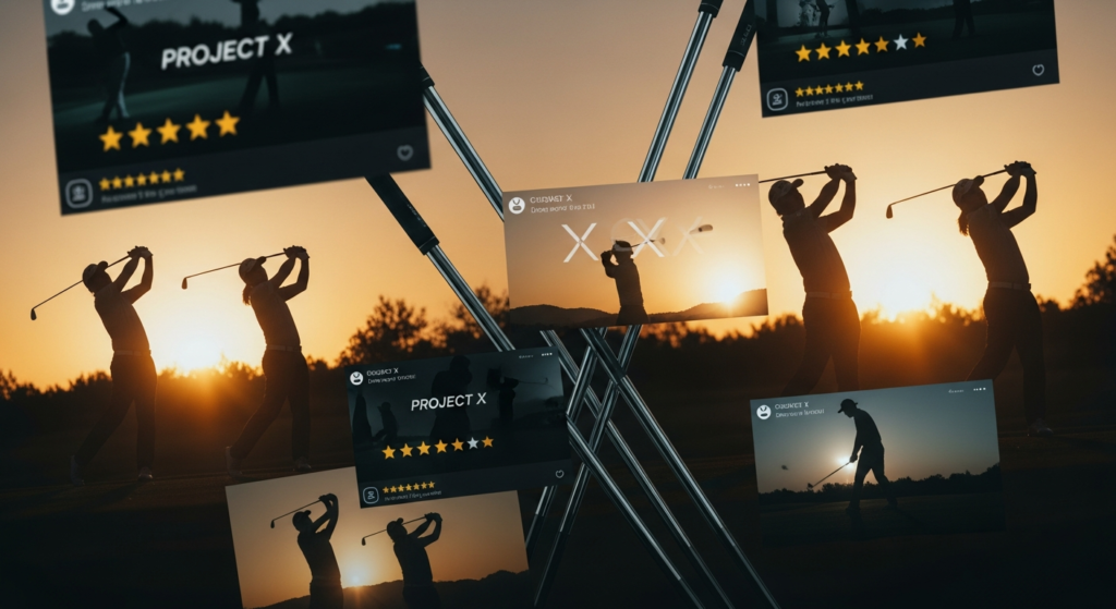 夕焼けを背景にゴルフスイングをするゴルファーのシルエットとゴルフクラブが配置され、「PROJECT X」のブランドと星評価が表示された複数のデジタルスクリーンが浮かんでいます。