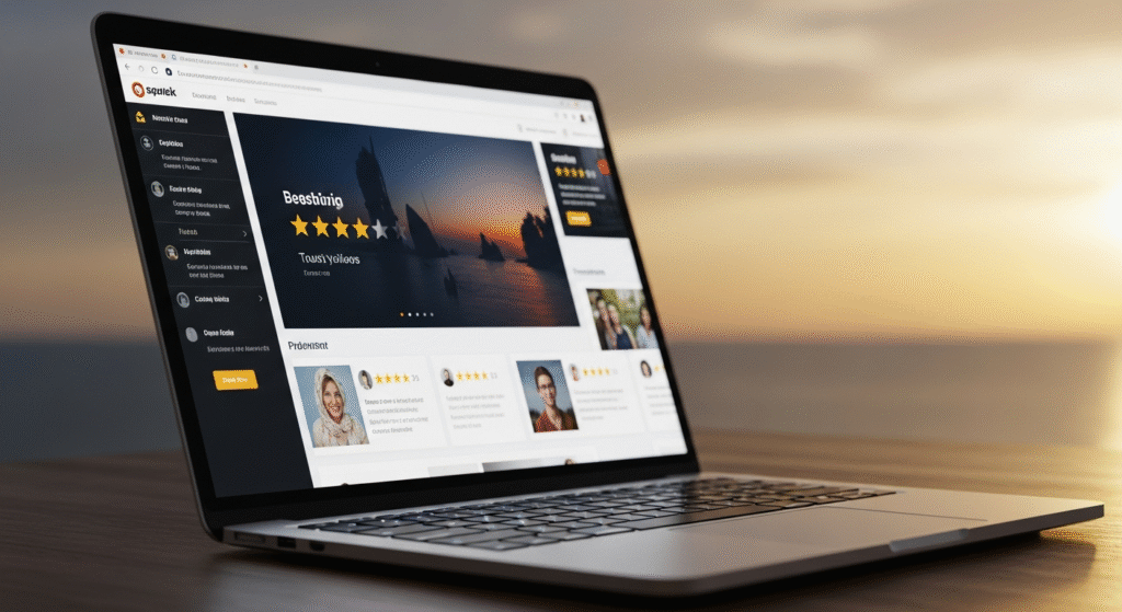 木製のテーブルに置かれたノートパソコンが、夕焼けの海を背景に、旅行レビューサイトの画面を表示しています。