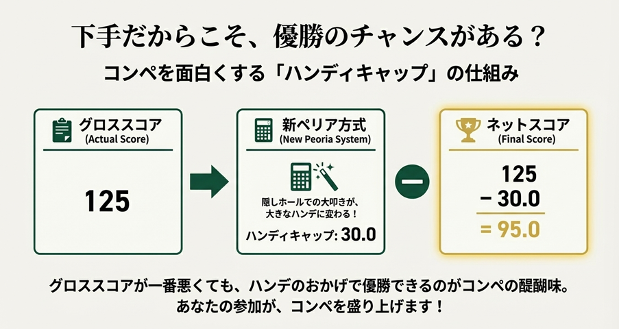 ゴルフコンペのハンディキャップ（新ペリア方式）の仕組み図解