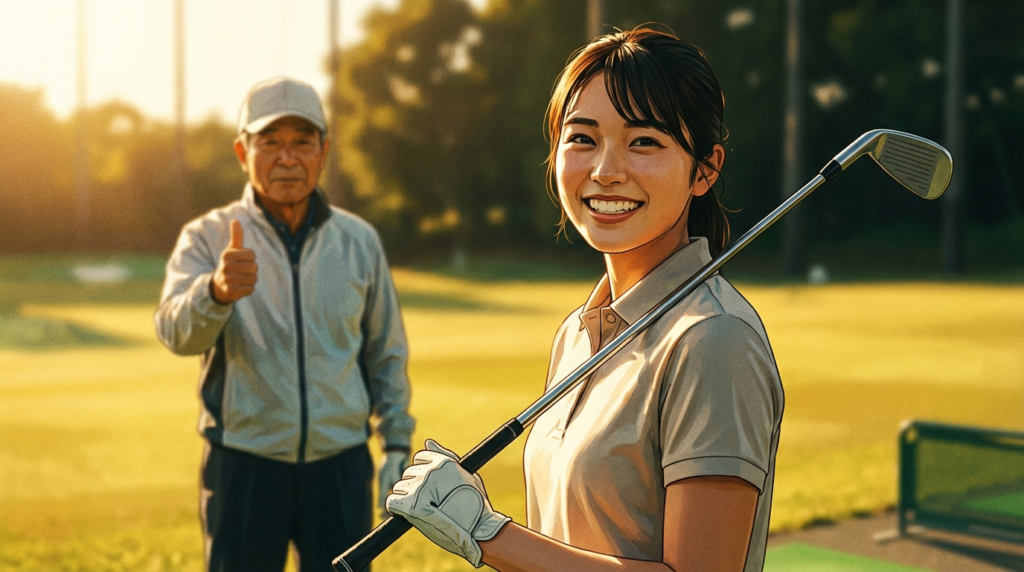 アニメ調のゴルフ場で、笑顔の若い女性ゴルファーがゴルフクラブを持ち、背景の年配男性がサムズアップしているイラスト。