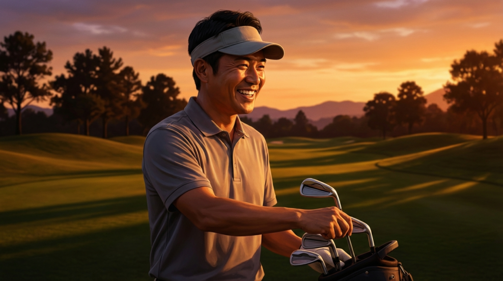 夕焼けのゴルフコースを背景に、ゴルフクラブをバッグに差し入れながら満面の笑みを浮かべるアジア人男性。