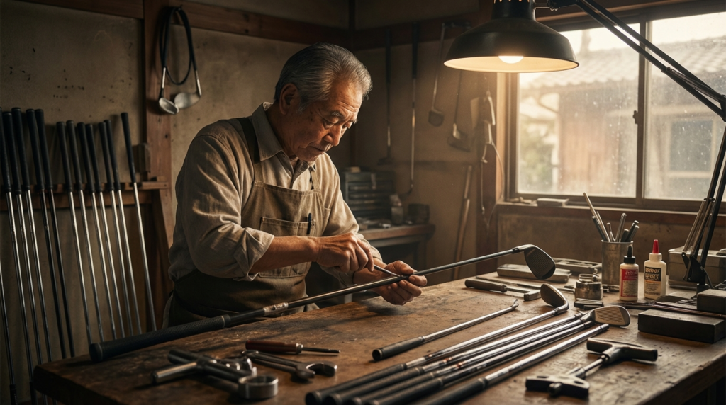 道具とゴルフクラブに囲まれた工房で、高齢の男性がゴルフシャフトを丁寧に調整している様子。