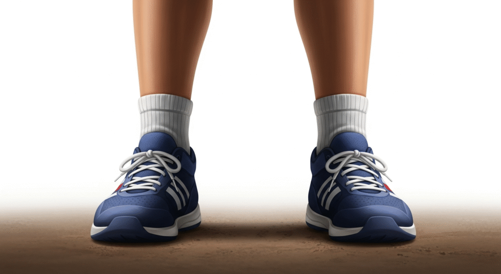 白いソックスと紺色のスニーカーを履いた2本の足が、土の上に立っている画像。