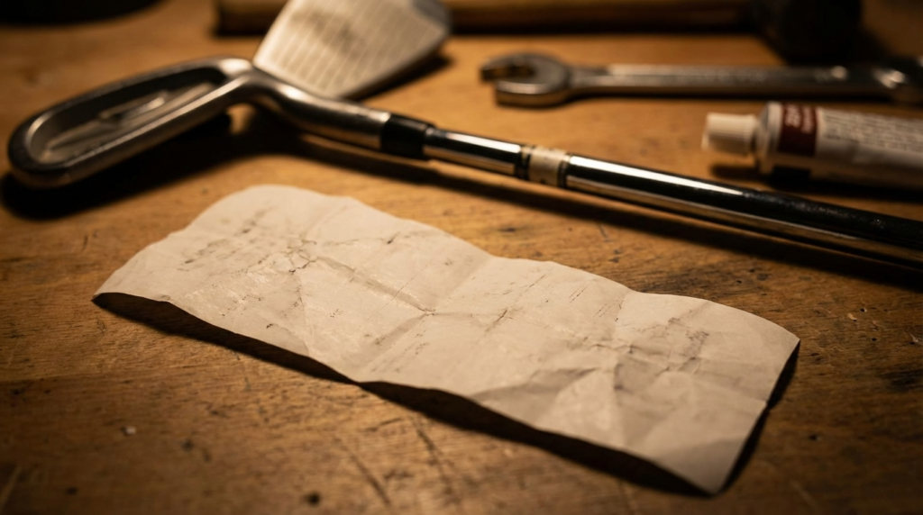 木製の作業台の上に、汚れてしわくちゃになった紙切れが手前にあり、奥にはゴルフアイアンと工具が置かれています。