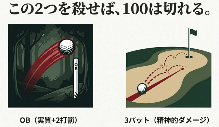 ゴルフ 100切りを阻むOBと3パットのイラスト