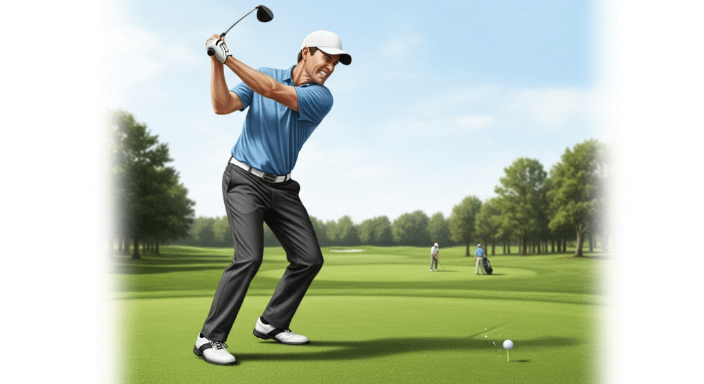 晴れたゴルフコースで、ティーに乗ったゴルフボールを前に、青いシャツと白いキャップのゴルファーが豪快にスイングしています。