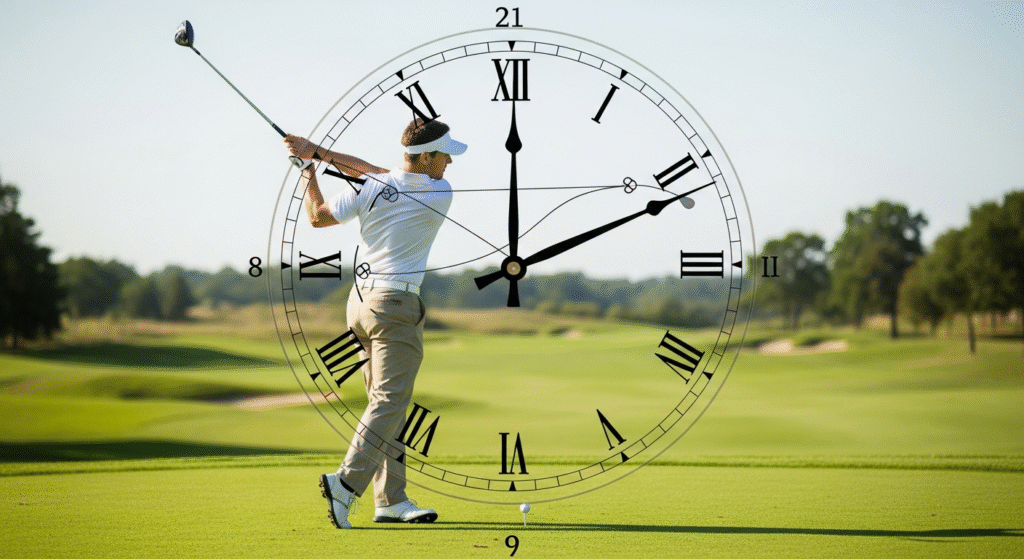 ゴルフコースでドライバーをスイングする男性の上に、12時位置に数字の「21」、6時位置に数字の「9」が記され、針が「21」とローマ数字の「III」付近を指す大きな時計の文字盤が重ねられた画像。
