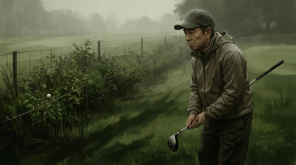 霧がかったゴルフコースで、ボールがフェンスに引っかかり、落胆した表情の男性ゴルファーが写っています。