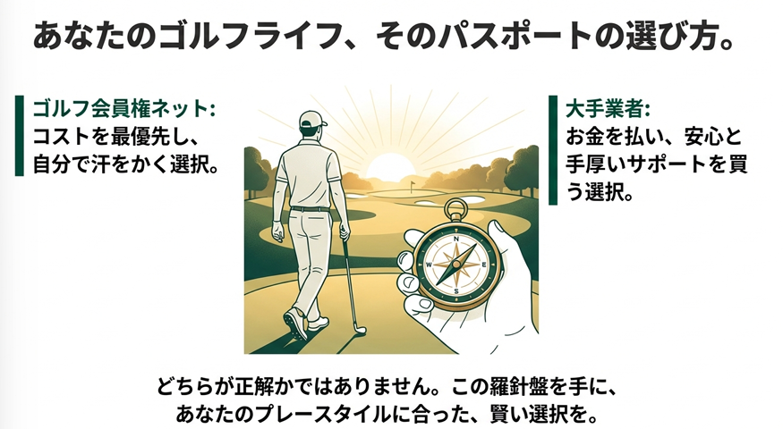ゴルフライフのパスポート選び：自分で汗をかいてコストを優先するか、お金を払って安心とサポートを買うかを選択するゴルファーのイラスト