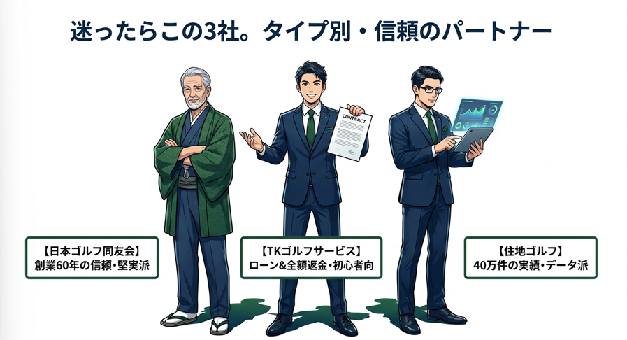 タイプ別信頼のパートナー3選。日本ゴルフ同友会、TKゴルフサービス、住地ゴルフのイメージキャラクター