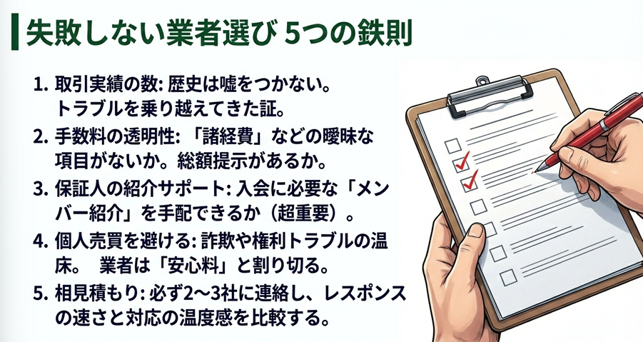 失敗しない業者選び5つの鉄則チェックリスト。取引実績、手数料の透明性、保証人紹介などを確認