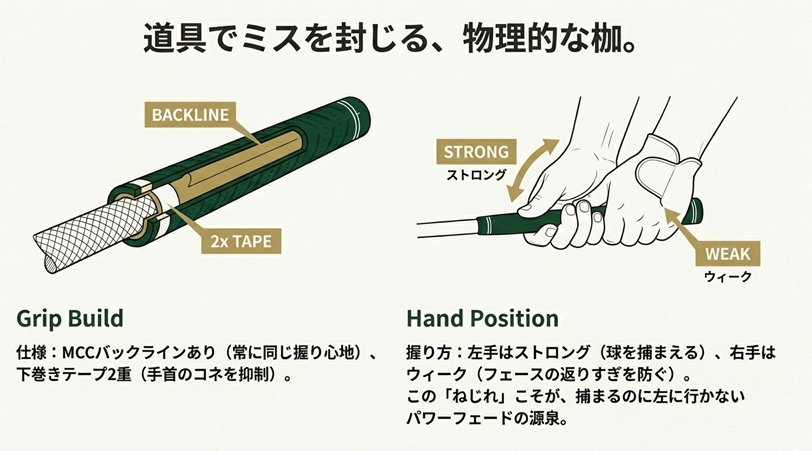 マキロイのグリップ仕様（下巻き2重・バックライン有）とストロンググリップの握り方図解