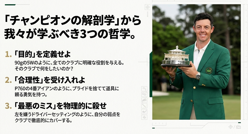 グリーンジャケットを着用しマスターズのトロフィーを持つ笑顔のローリー・マキロイ