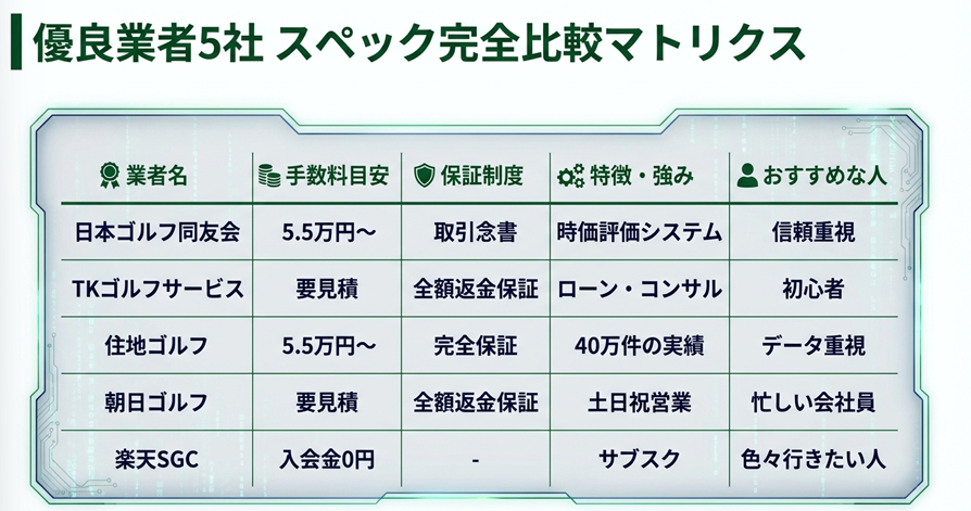 ゴルフ会員権優良業者5社のスペック完全比較マトリクス表。手数料、保証制度、特徴の一覧