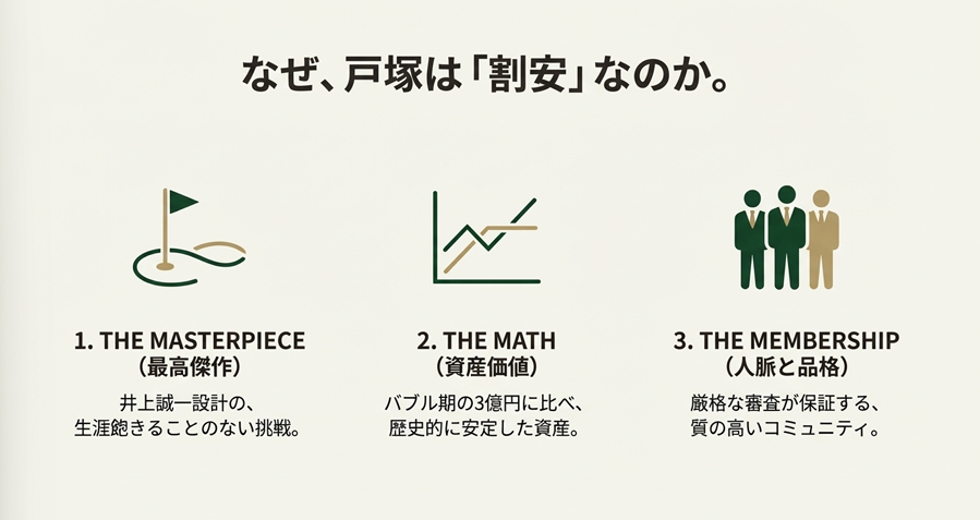 戸塚カントリークラブが割安である3つの理由（最高傑作のコース、安定した資産価値、質の高い人脈）のアイコン図解