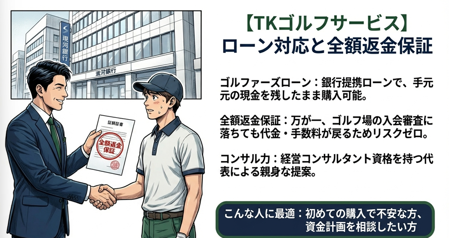 TKゴルフサービスの特徴。銀行前で握手をするスーツの男性とゴルファー。ゴルファーズローンと全額返金保証証書