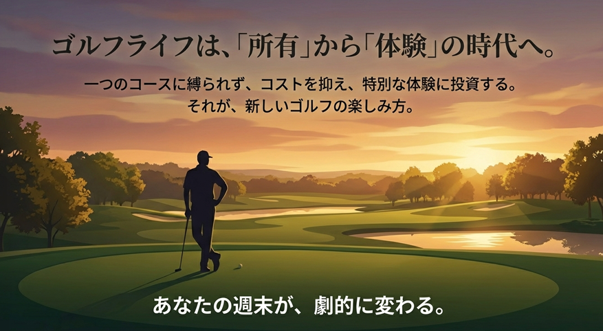 夕暮れの名門ゴルフコースで佇むゴルファーのイラスト。「ゴルフライフは所有から体験の時代へ」という新しい価値観を提案するメッセージ画像。