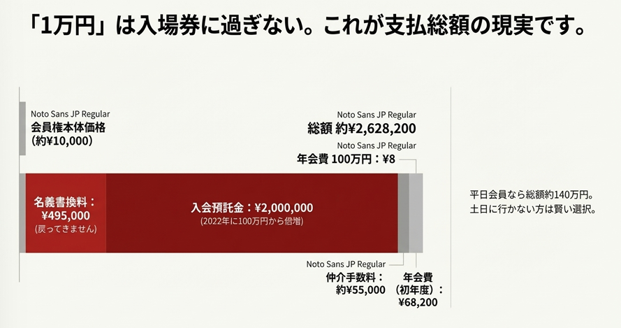 鎌倉カントリークラブ会員権の費用内訳グラフ。本体価格1万円に対し名義書換料や預託金を含めた総額は約260万円