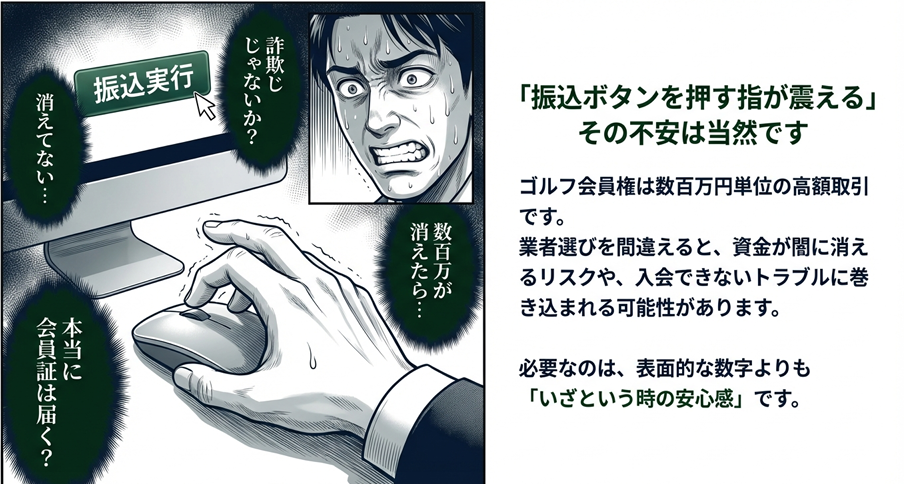 ゴルフ会員権の購入で振込ボタンを押す手が震える男性。高額取引の不安と詐欺リスクへの恐怖