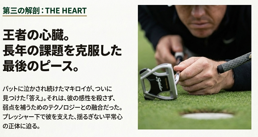 グリーン上でスパイダーツアーXパターを構えるローリー・マキロイ