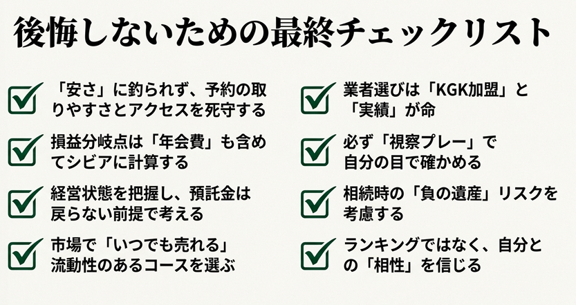 ゴルフ会員権で後悔しないための最終チェックリスト8項目。安さに釣られない、視察プレーをするなどの重要ポイント。