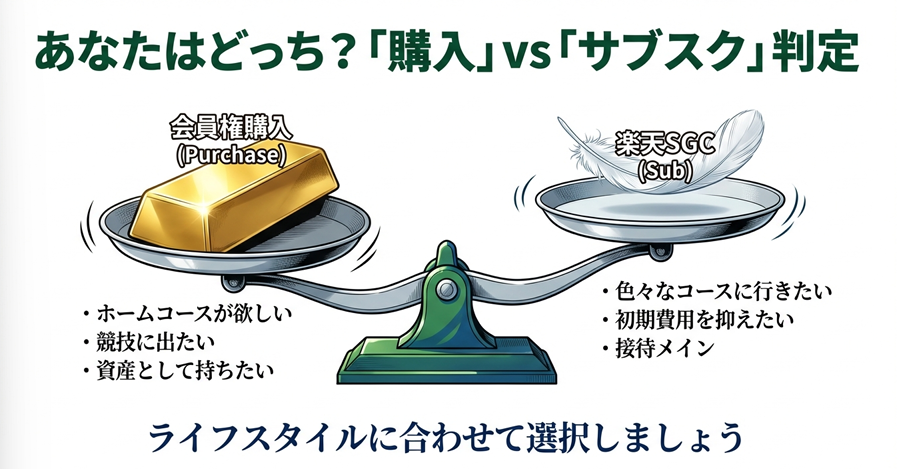 会員権購入（金塊）と楽天SGCサブスク（羽）を天秤で比較。ライフスタイルに合わせた選択