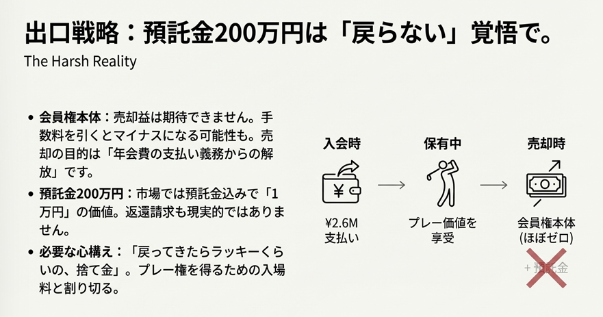 鎌倉カントリークラブ会員権の出口戦略図。入会時の支払いから売却時に預託金が戻らないリスクへの心構え