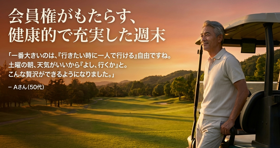 夕暮れの美しいゴルフコースでカートにもたれかかり、充実した表情を浮かべる50代男性。「健康的で充実した週末」のイメージ。