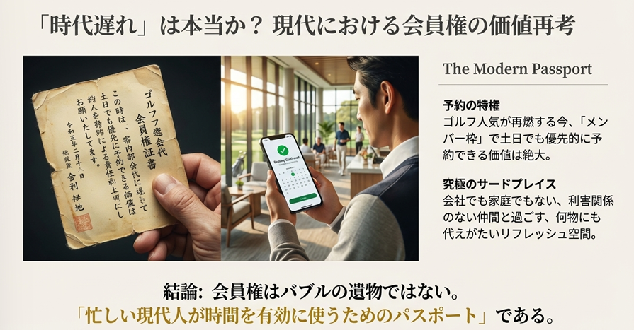 古い証書とスマホ予約画面の対比。現代におけるゴルフ会員権の価値は「土日予約の特権」と「サードプレイス」としての役割。