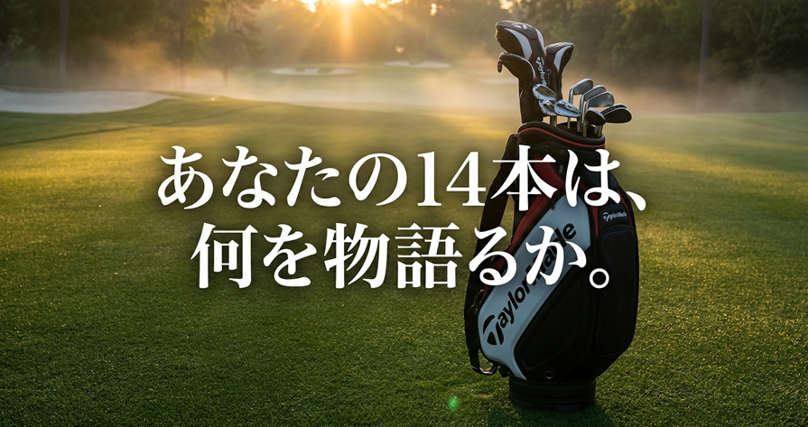 朝霧に包まれたゴルフコースに置かれたキャディバッグとクラブのイメージ