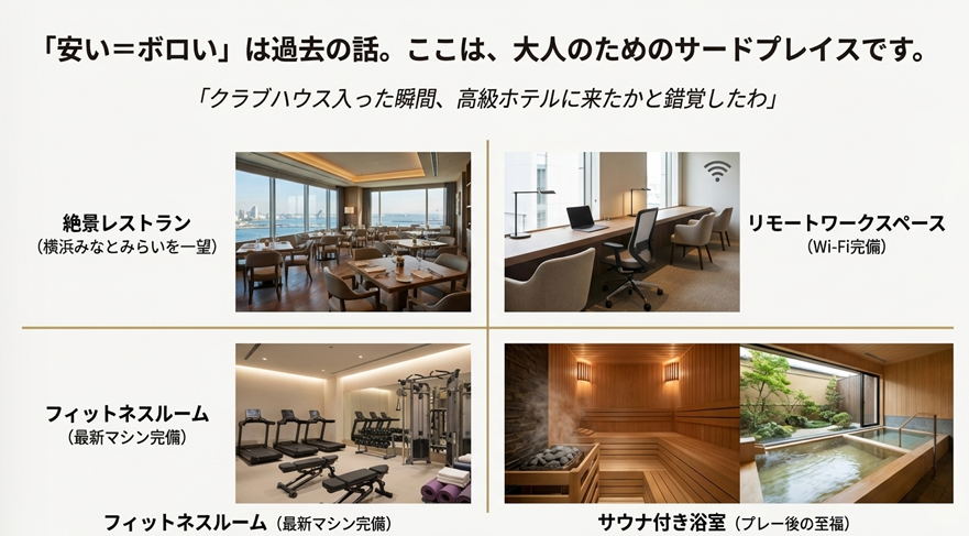 鎌倉カントリークラブの絶景レストラン、リモートワークスペース、フィットネスルーム、サウナ付き浴室の施設写真