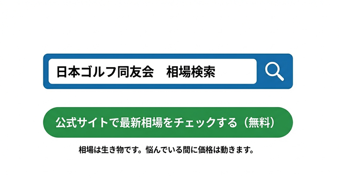 日本ゴルフ同友会公式サイトでのゴルフ会員権相場検索を促すイメージ画像