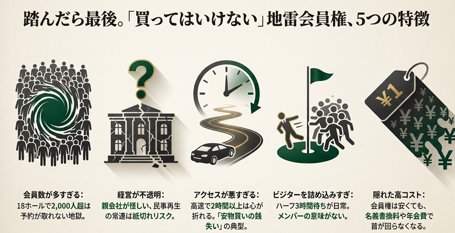 買ってはいけないゴルフ会員権の5つの特徴イラスト。会員数過多、経営不透明、アクセス悪、ビジター詰め込み、隠れた高コスト。
