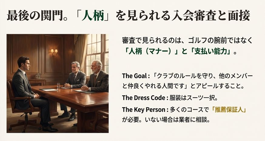 ゴルフ会員権の入会審査と面接の様子。審査で見られる「人柄」「支払い能力」と服装、推薦保証人の重要性。