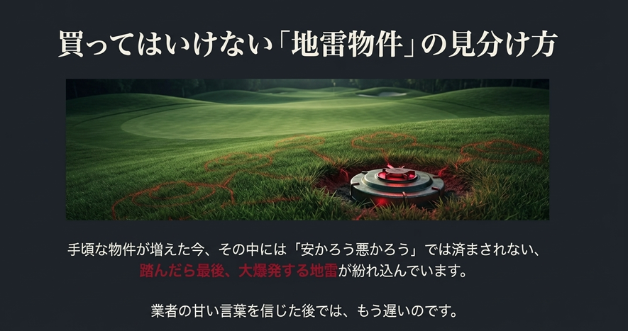 美しいゴルフコースの芝生の下に埋まっている地雷のイメージ。「買ってはいけない地雷物件の見分け方」というテキスト。