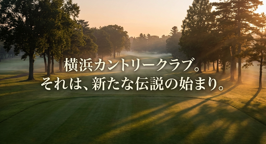 夕暮れの横浜カントリークラブのコース写真。「新たな伝説の始まり」というメッセージ