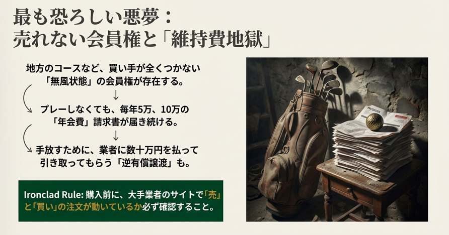 売れないゴルフ会員権のリスク。埃をかぶったゴルフバッグと請求書の山。年会費の支払い義務と逆有償譲渡による維持費地獄のイメージ。