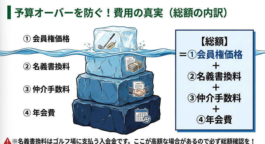 ゴルフ会員権費用の真実。氷山のイラストで解説する会員権価格、名義書換料、仲介手数料、年会費の総額内訳