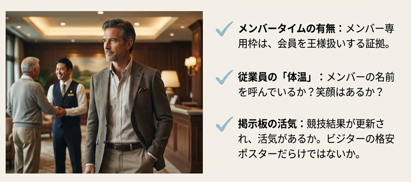 クラブハウスで従業員の対応や掲示板を確認する男性。「視察プレーでソフト面を暴く」ためのチェックポイント。