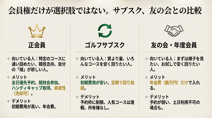 ゴルフ会員権（正会員）、ゴルフサブスク、友の会・年度会員の比較表。それぞれのメリット・デメリットと向いている人の違い。